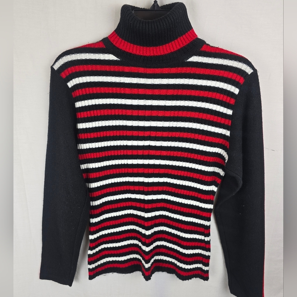 Takeout Striped Turtleneck Black, Red, and White Sweater Sz M